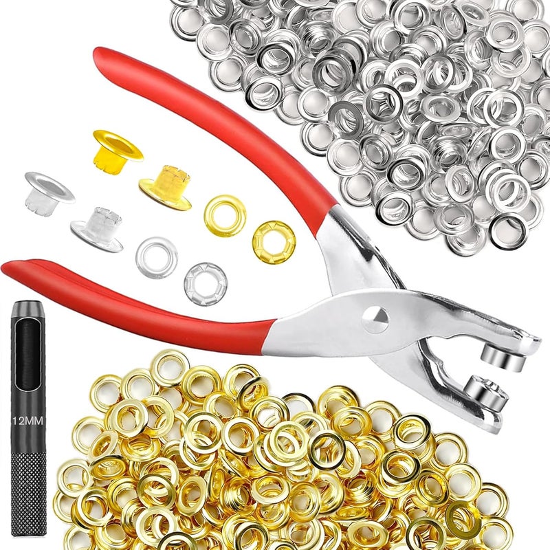 NXTOV 640Pcs Grommet Tool Kit with Eyelet Pliers, 1/2 Inch 12mm(Inside Diameter) Grommet Eyelet Pliers Kit with Washers, and Hole Punch Grommet Hand Press kit (160set Silver + 160set Gold) - Image 1